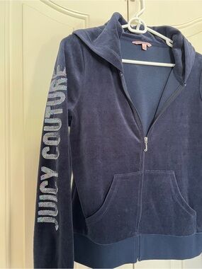 Juicy Couture Navy Velour Zip-Up Hoodie with Rhinestone Sleeve Logo